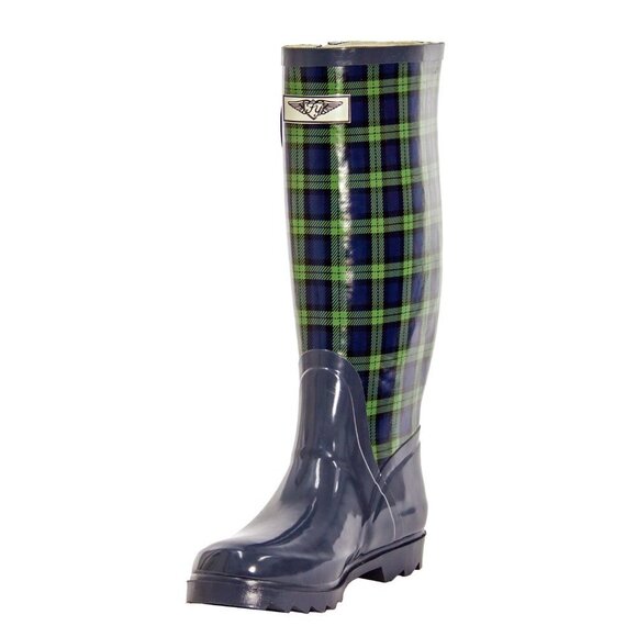 Women's Rainboots, Tall Rubber Rain Boots, RB-1407, Green Plaid, Size 6 - Picture 2 of 4
